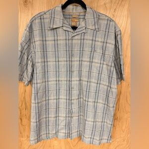 BRUNO Blue Plaid Washable Linen Short Sleeve Shirt Men's Large